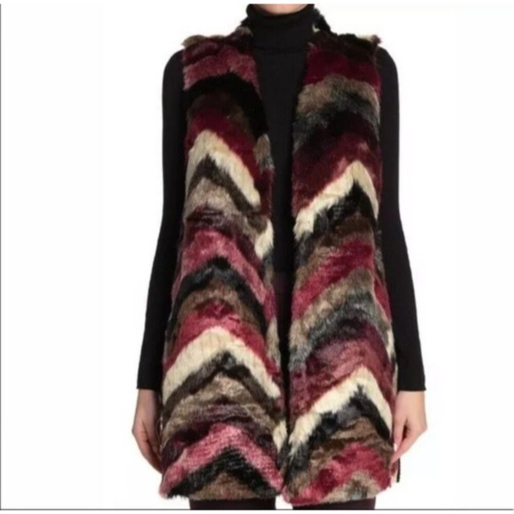 Joseph A Faux Fur Vest SZ XL Women's Wine Chevron Longline Open Front Glam Gray
